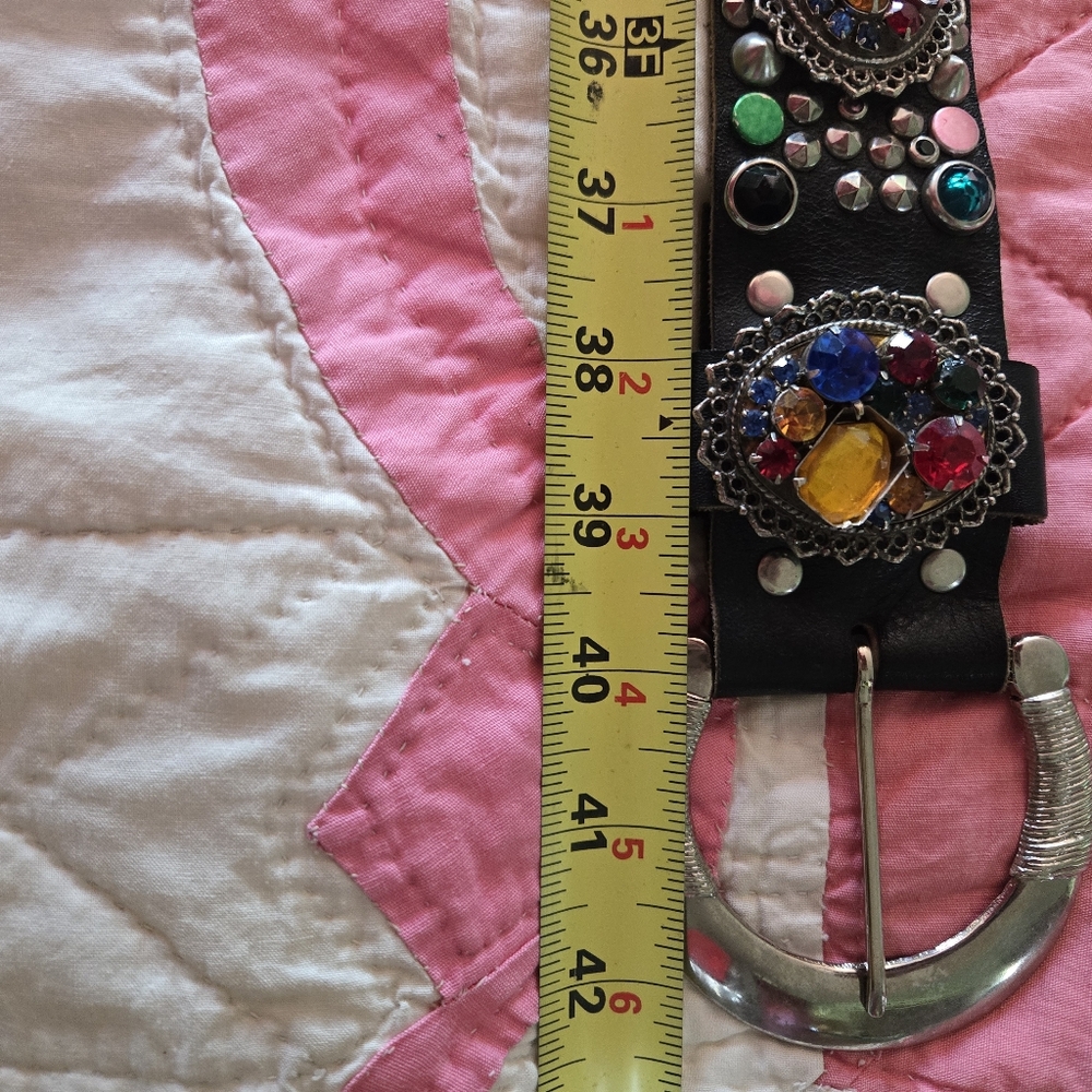 Embellished Black Leather Statement Belt with Multicolor Gems
